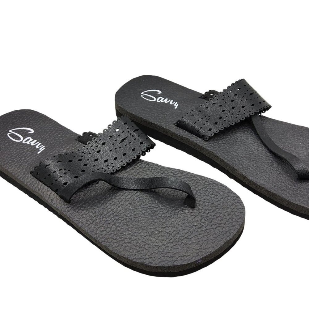 Womens Savvy Reed Flat Slip On Black Thong Sandals